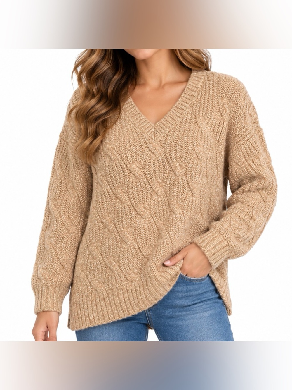 Lucky Brand Women’s S Beige Cable Knit V-Neck Pullover Sweater Wool Blend